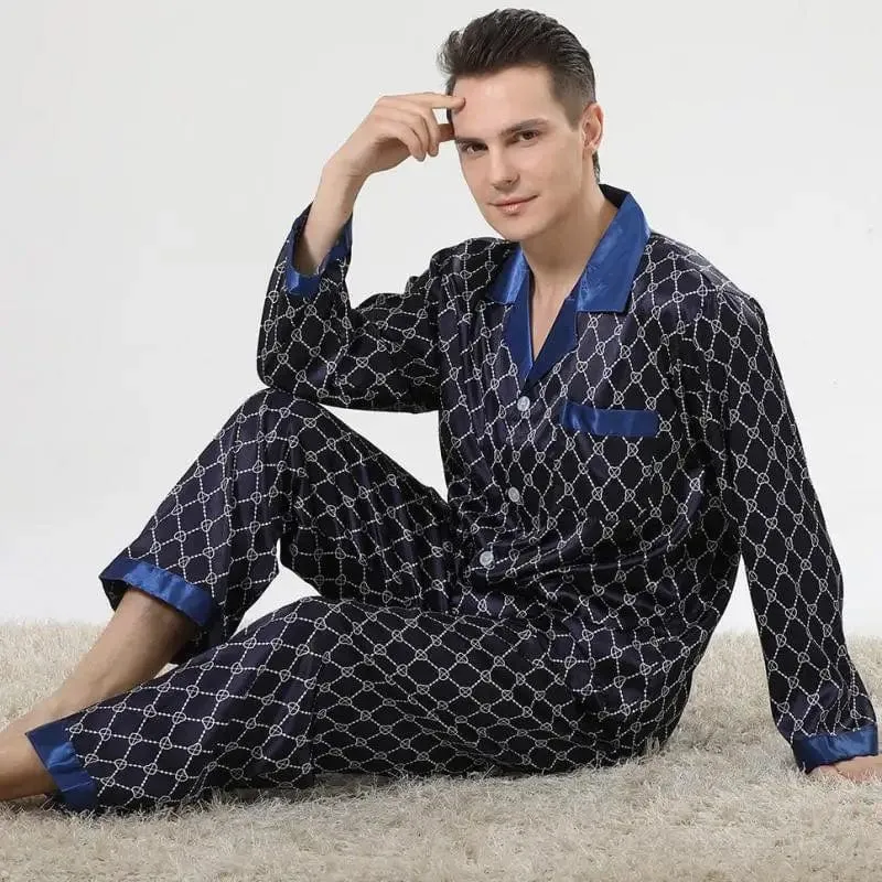 Mens Navy Blue Satin Pajamas