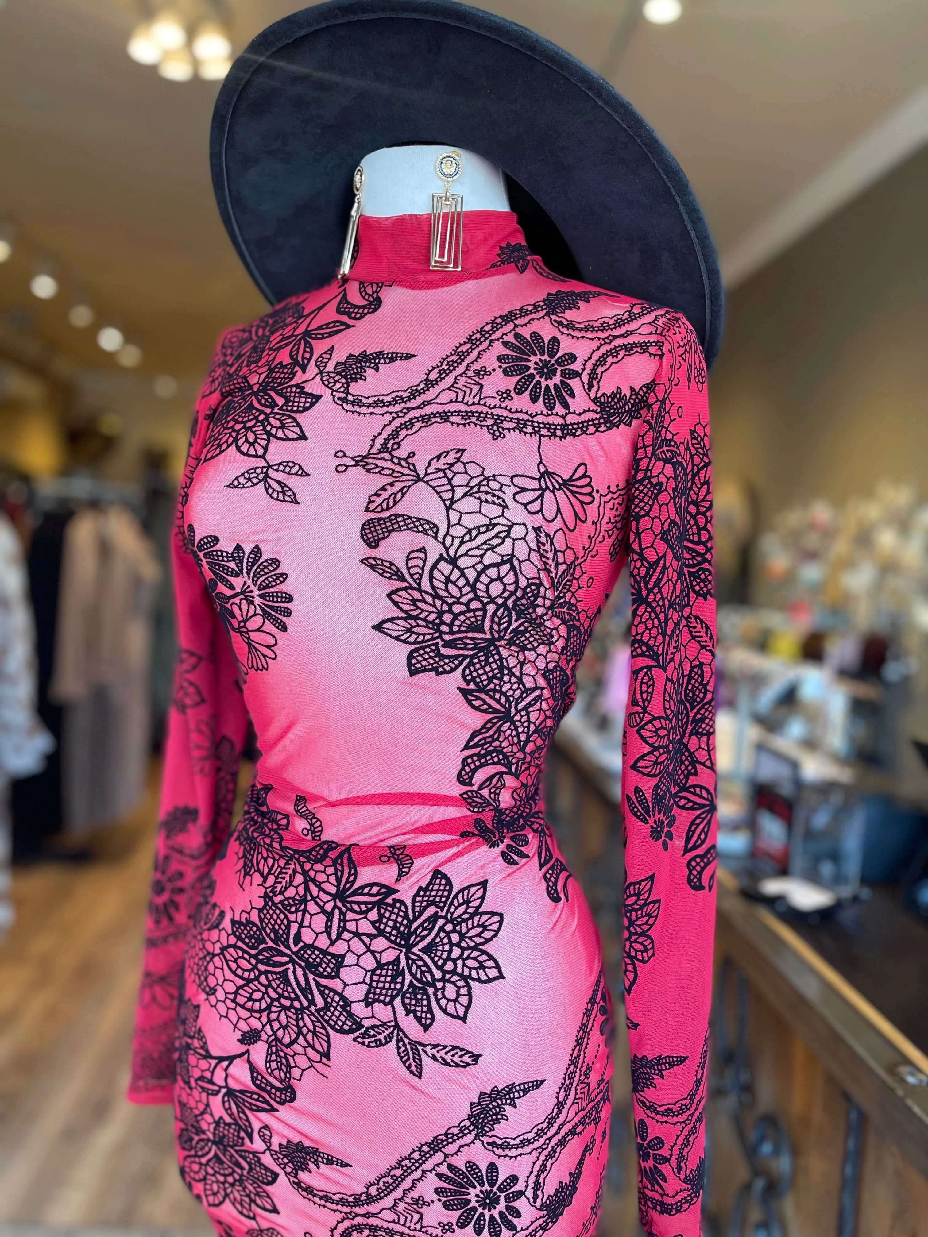 Mesh Flocking Open Back Dress