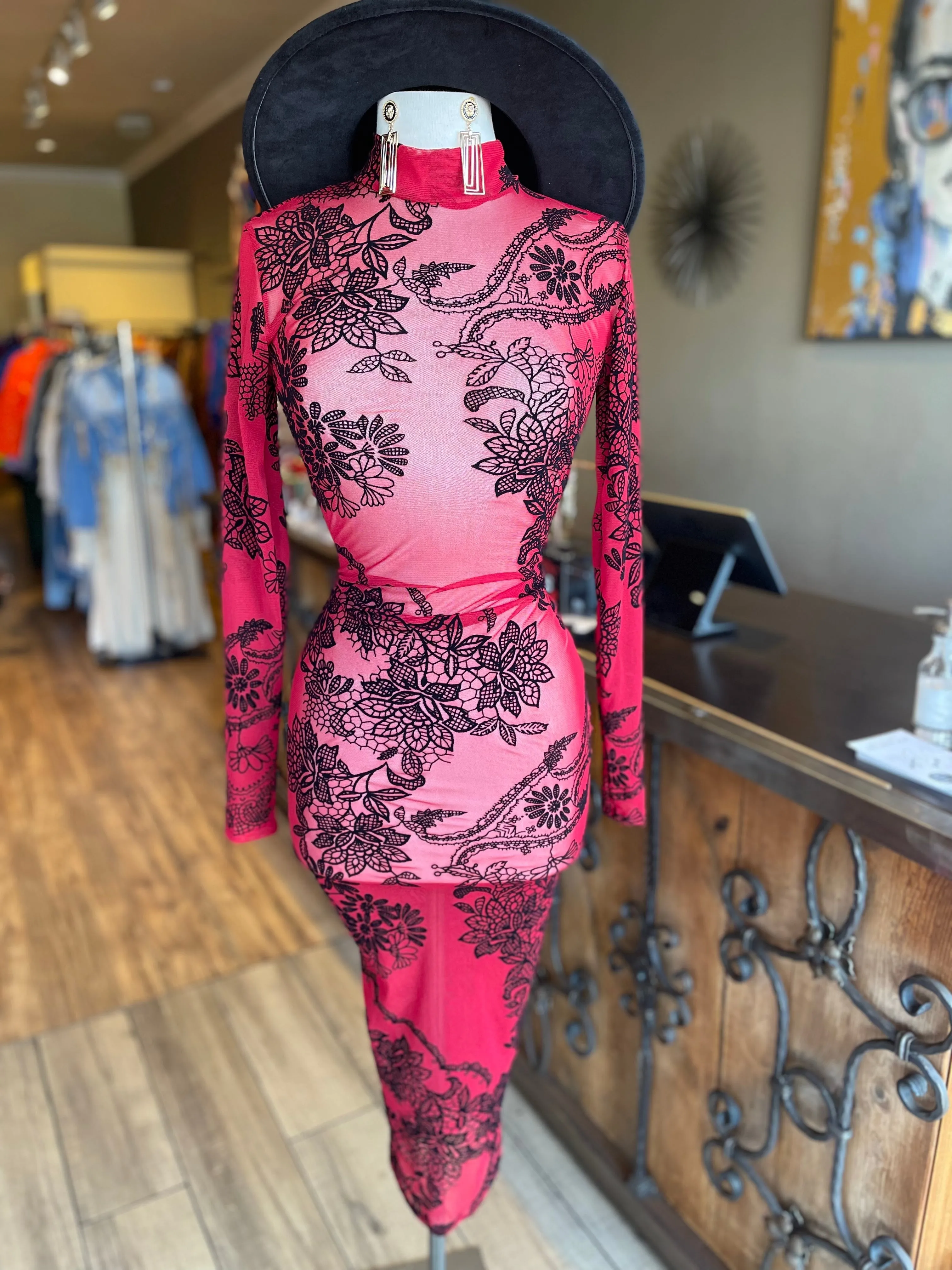 Mesh Flocking Open Back Dress
