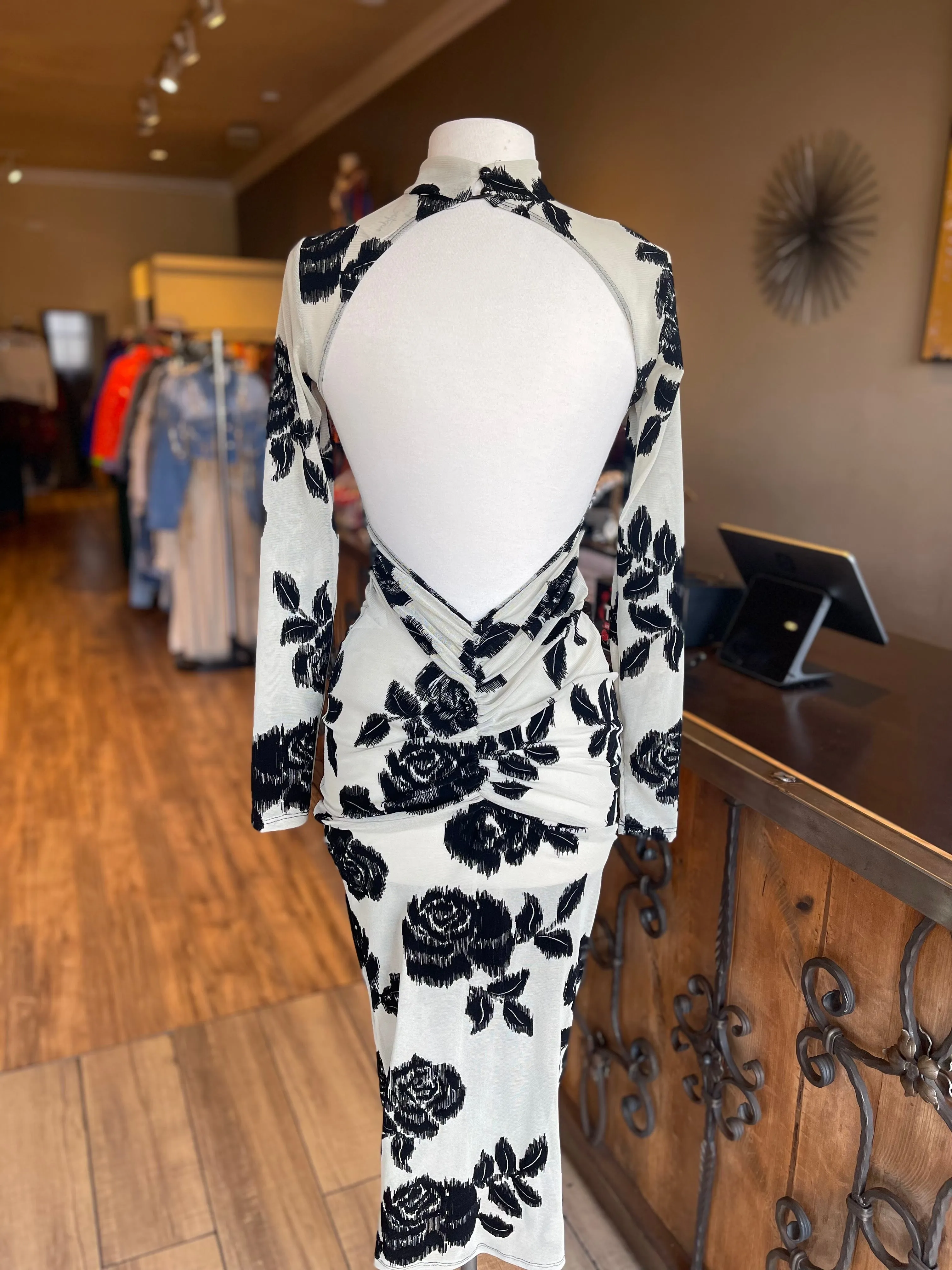 Mesh Flocking Open Back Dress