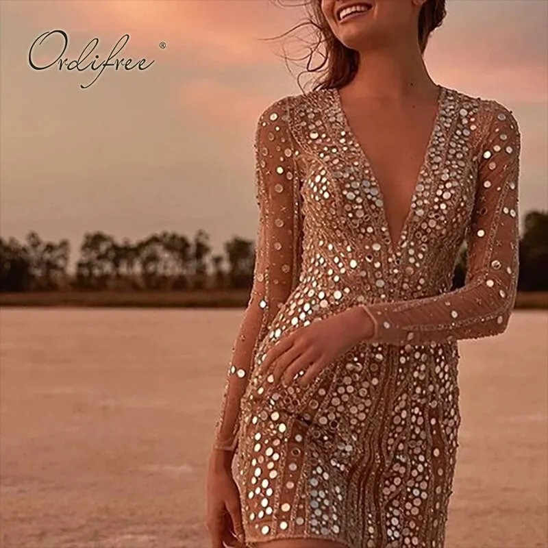 Mesh Gold See Through Sequin Short Pencil Dress