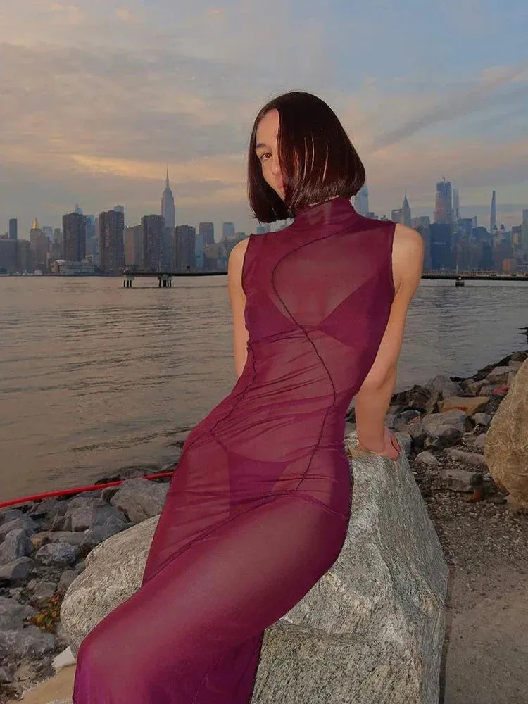 Mesh Sheer Sleeveless Stand Collar Maxi Dress