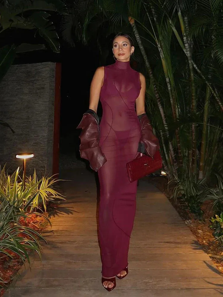 Mesh Sheer Sleeveless Stand Collar Maxi Dress