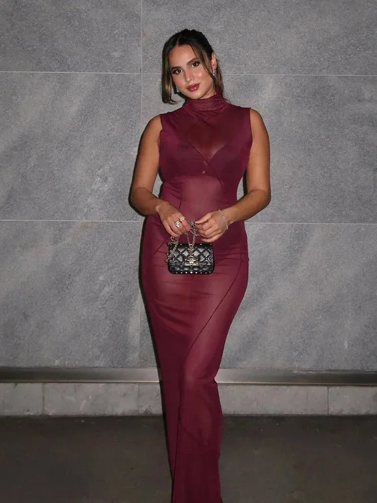Mesh Sheer Sleeveless Stand Collar Maxi Dress