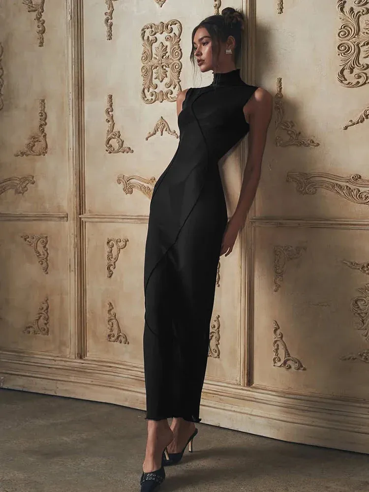 Mesh Sheer Sleeveless Stand Collar Maxi Dress