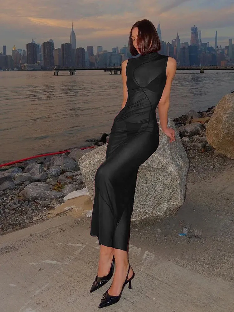 Mesh Sheer Sleeveless Stand Collar Maxi Dress