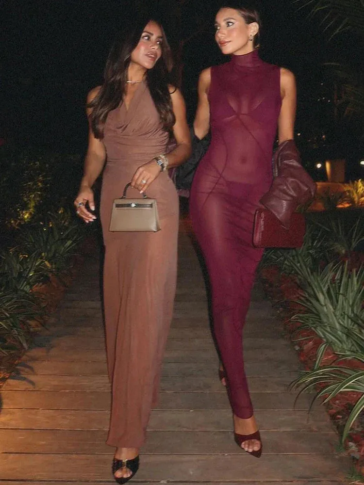 Mesh Sheer Sleeveless Stand Collar Maxi Dress
