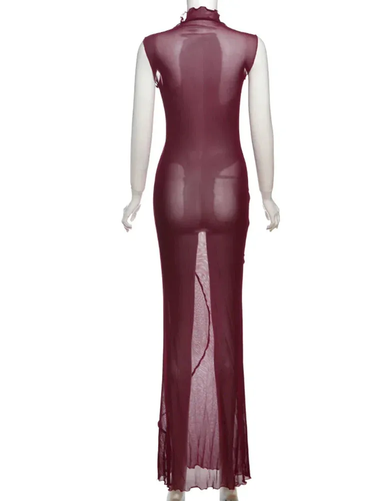 Mesh Sheer Sleeveless Stand Collar Maxi Dress