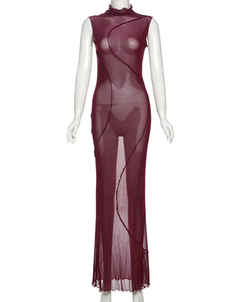 Mesh Sheer Sleeveless Stand Collar Maxi Dress