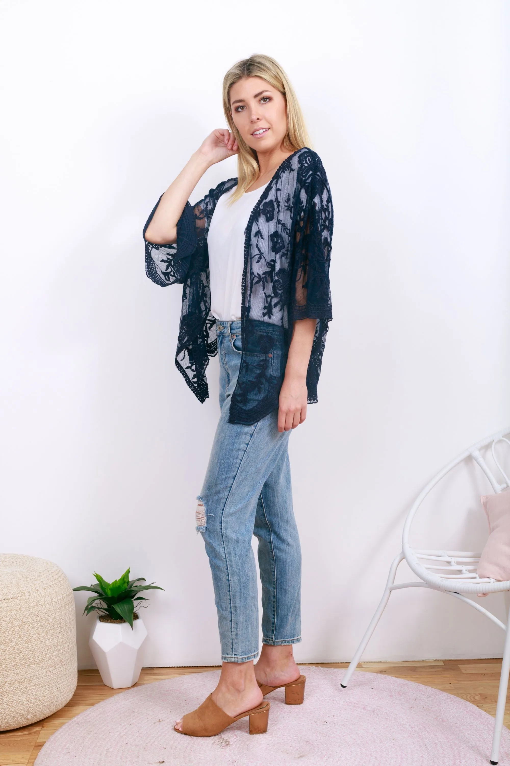 Monet Lace Cape Kimono - Navy