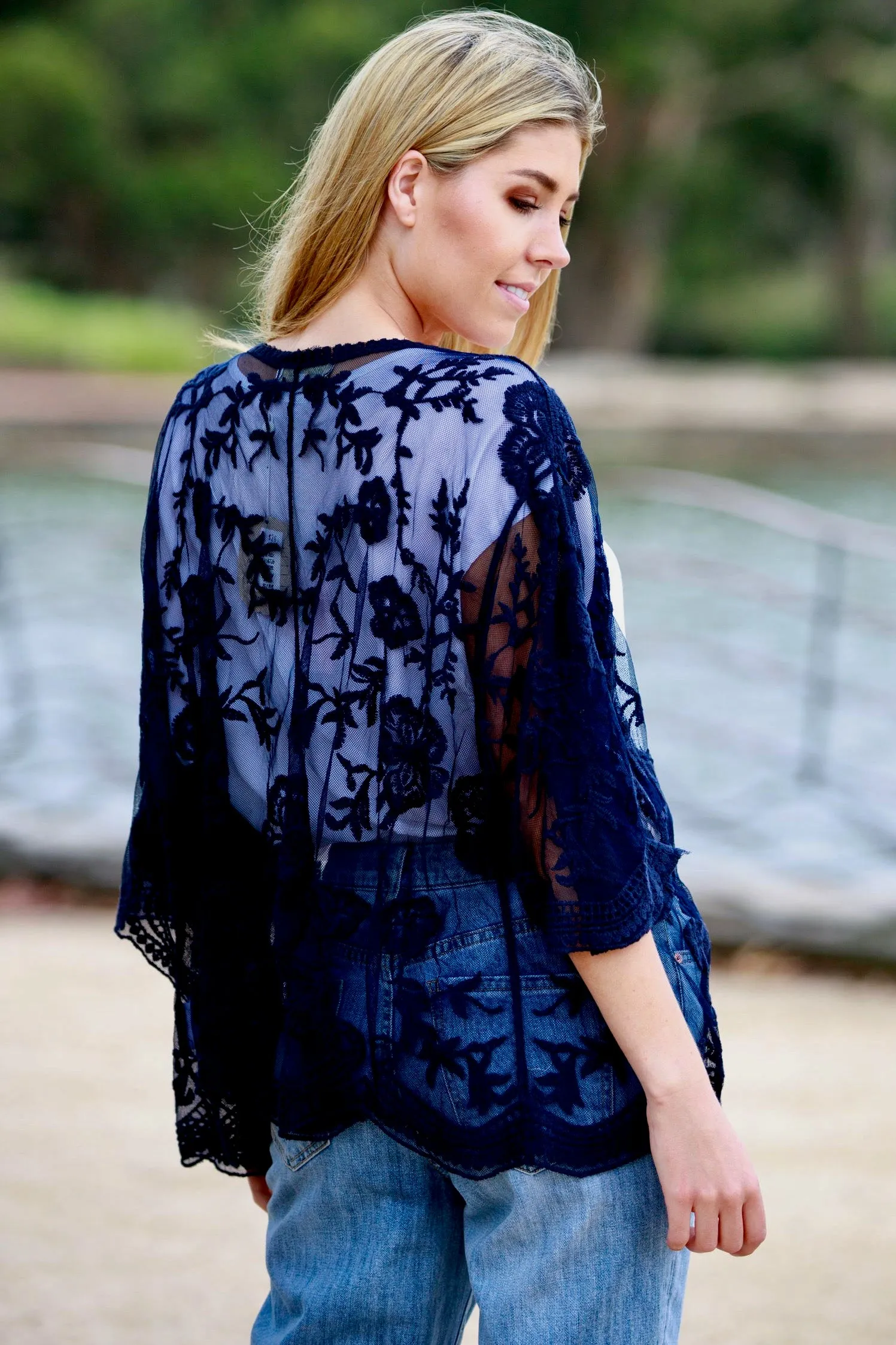 Monet Lace Cape Kimono - Navy