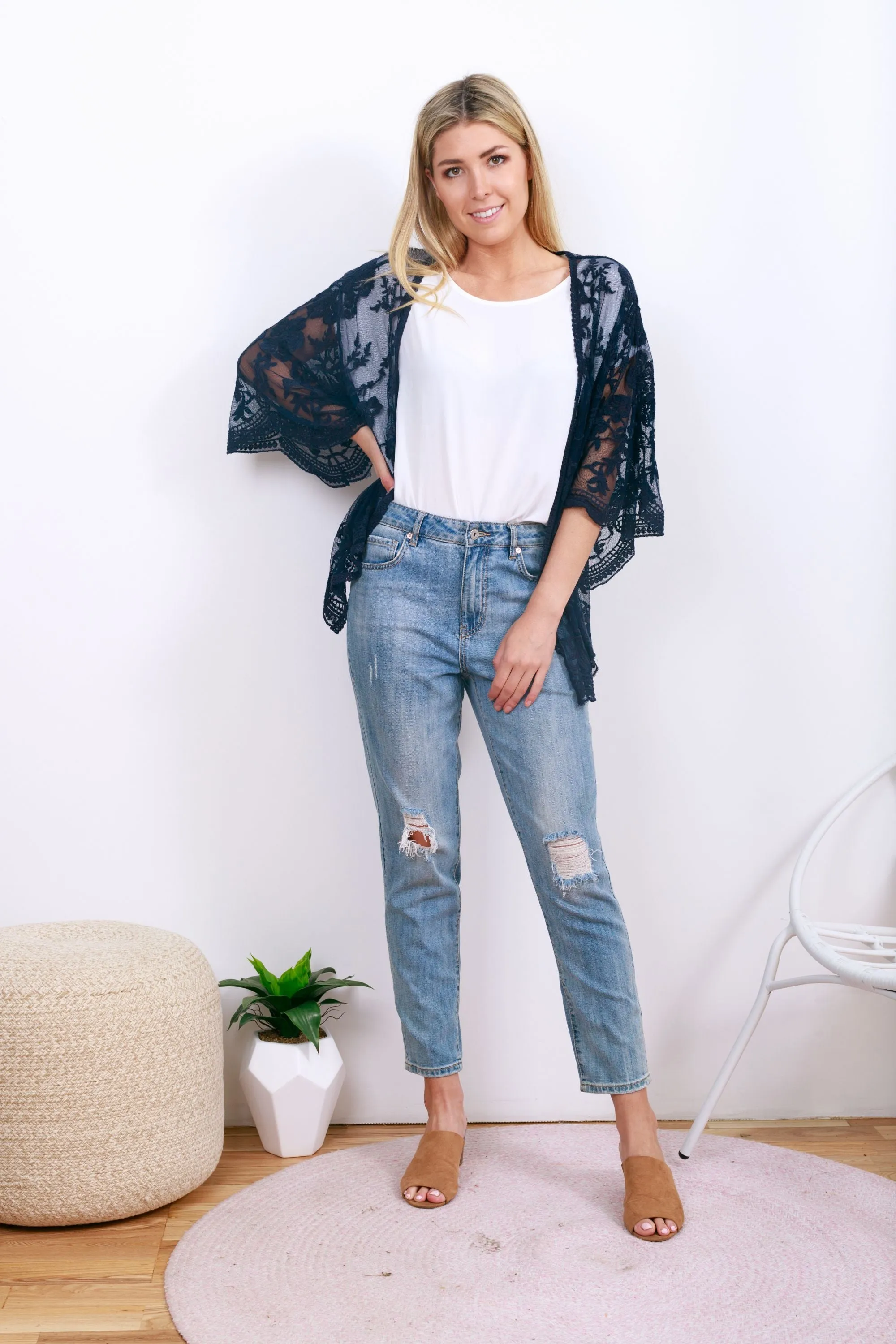 Monet Lace Cape Kimono - Navy
