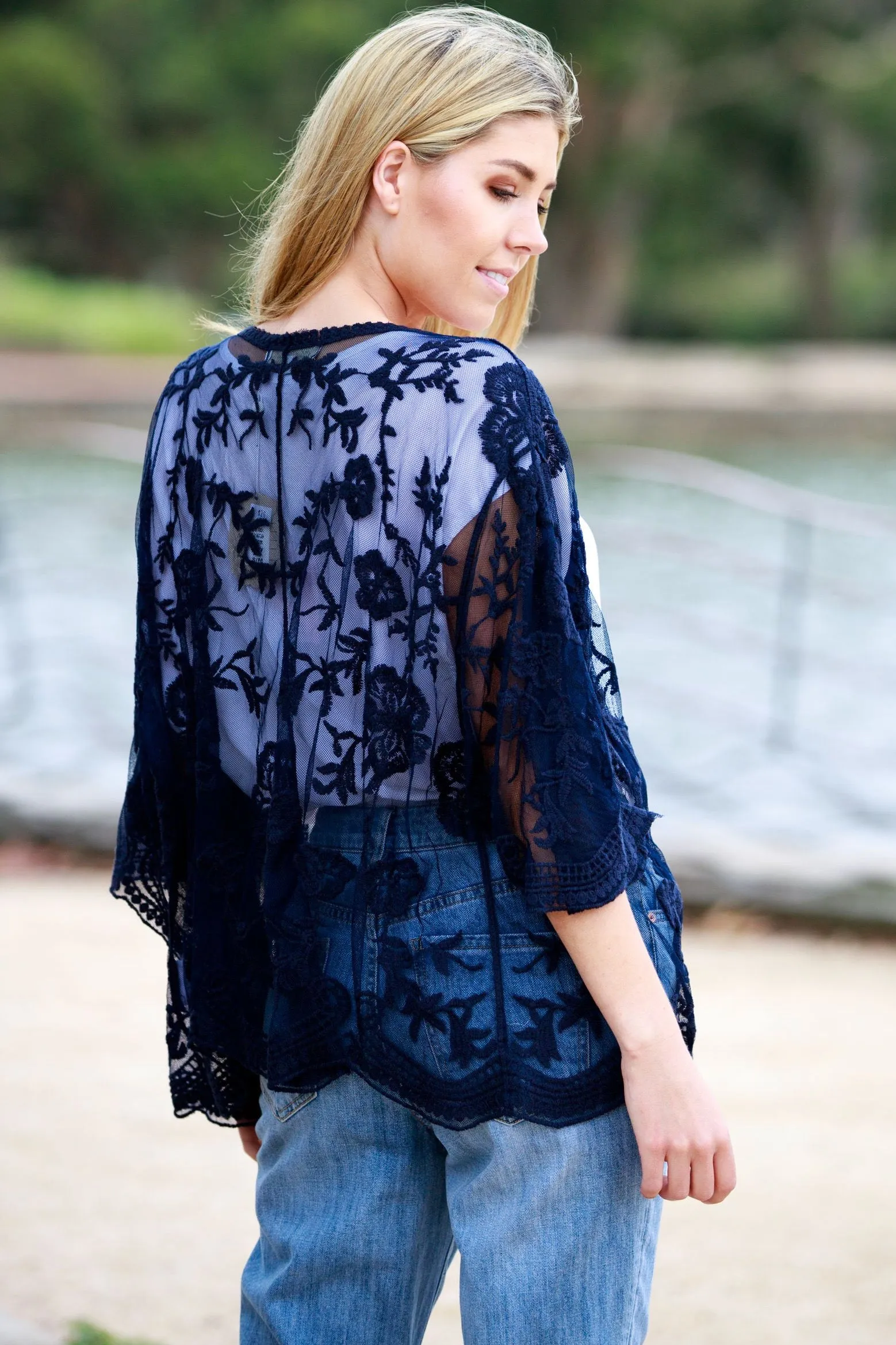Monet Lace Cape Kimono - Navy