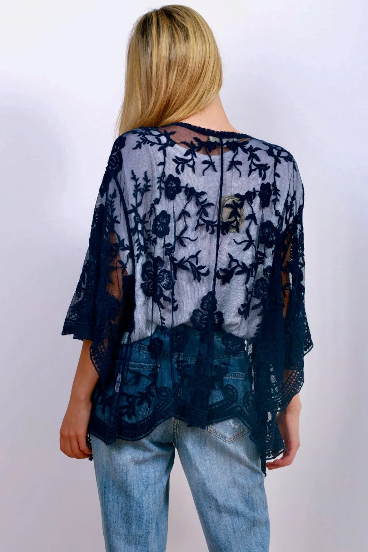 Monet Lace Cape Kimono - Navy