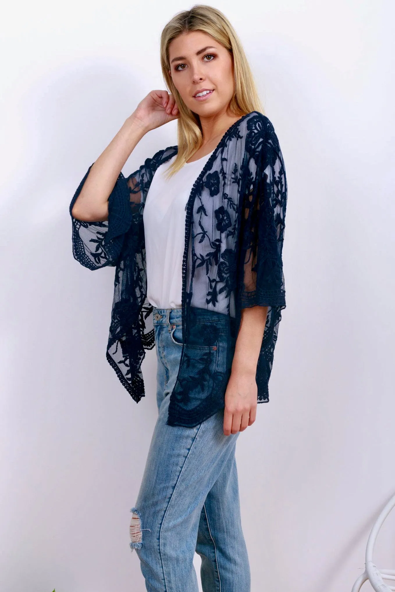 Monet Lace Cape Kimono - Navy