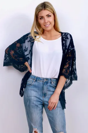 Monet Lace Cape Kimono - Navy