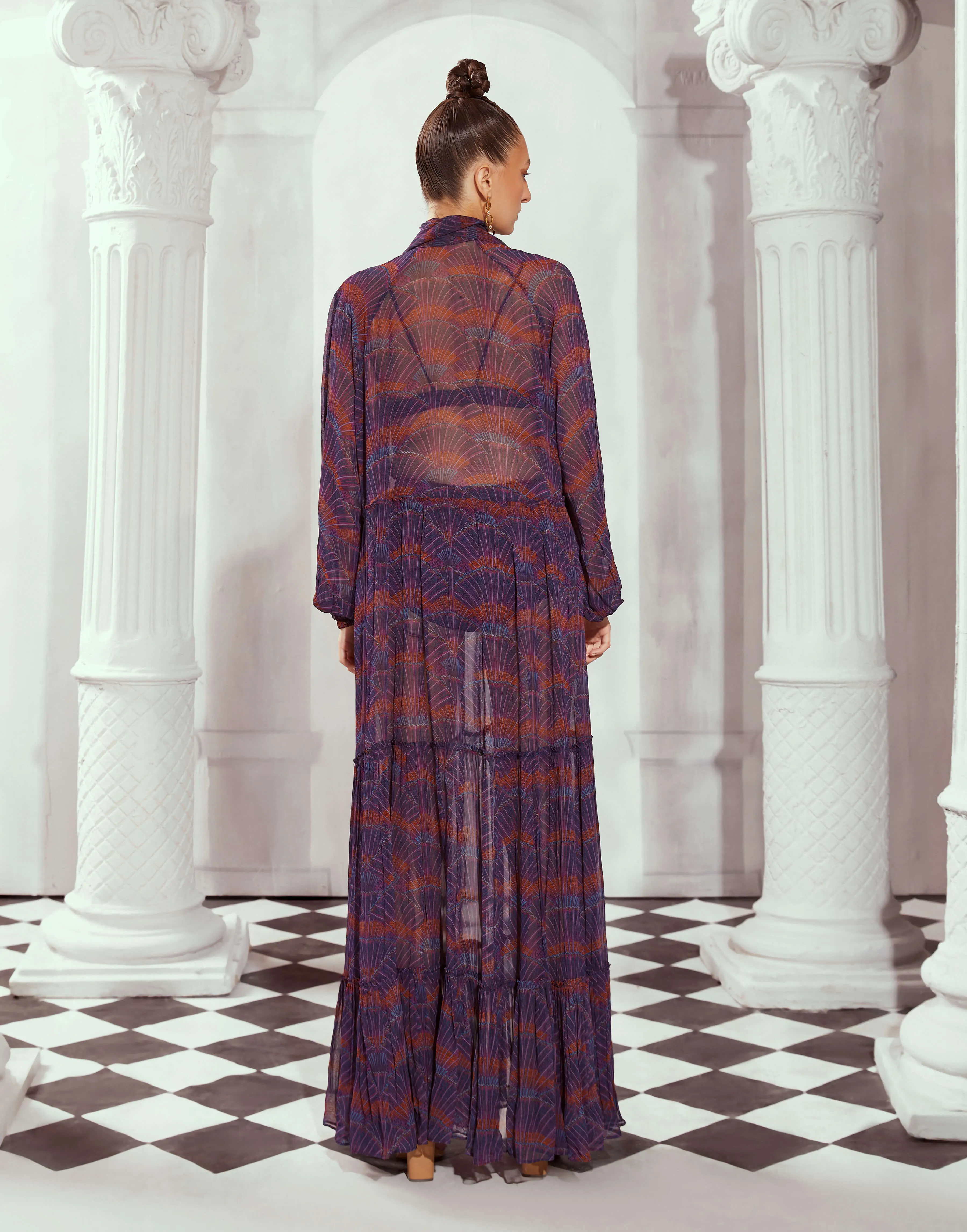 Multicolor print sheer maxi gown