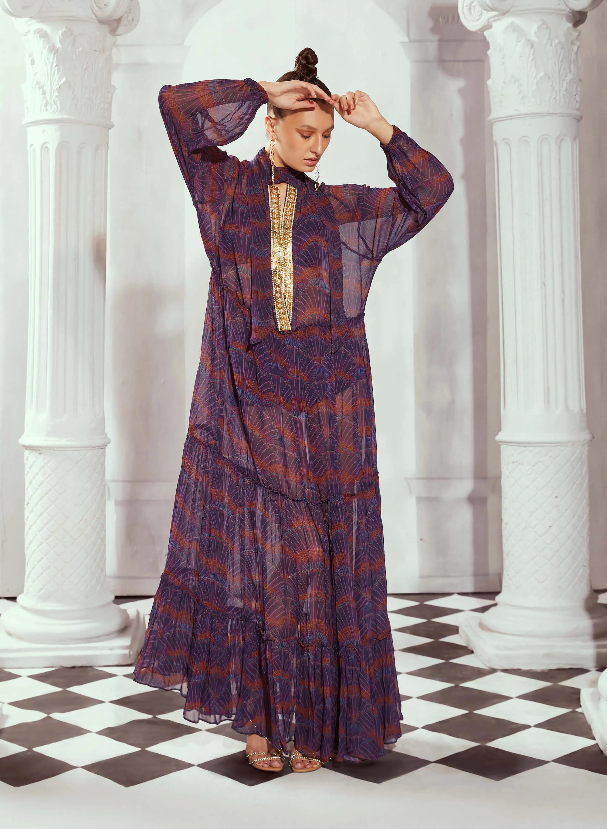 Multicolor print sheer maxi gown