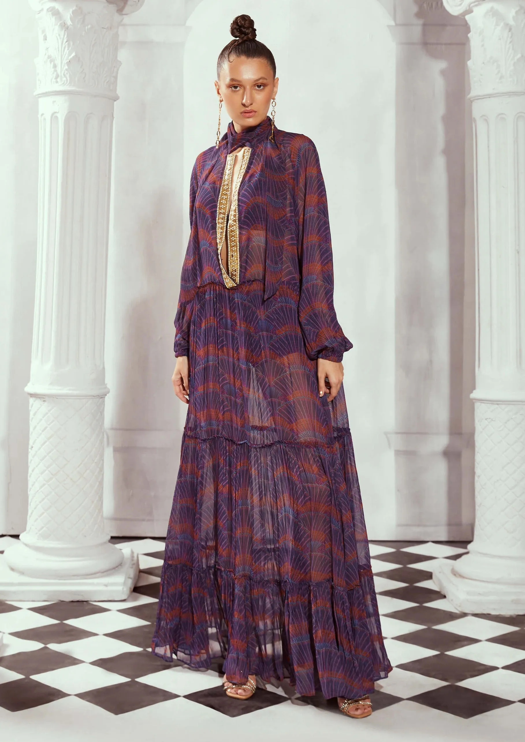 Multicolor print sheer maxi gown