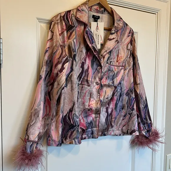 Nasty Girl Women's Satin Feather Pajama's sz Small Marble Print Button Down Long