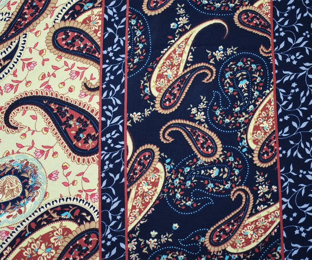 Navy Blue-Beige-Multi Poly Paisley Border Printed Pebble Crepe Woven Fabric