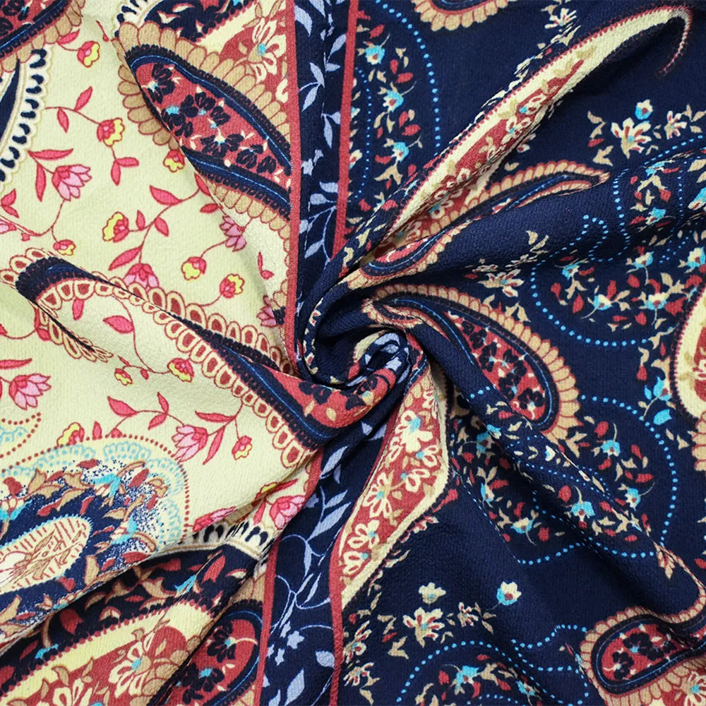 Navy Blue-Beige-Multi Poly Paisley Border Printed Pebble Crepe Woven Fabric
