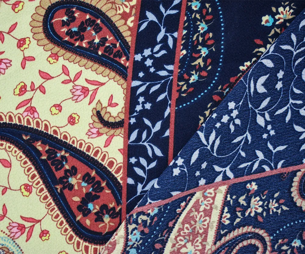 Navy Blue-Beige-Multi Poly Paisley Border Printed Pebble Crepe Woven Fabric