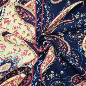Navy Blue-Beige-Multi Poly Paisley Border Printed Pebble Crepe Woven Fabric