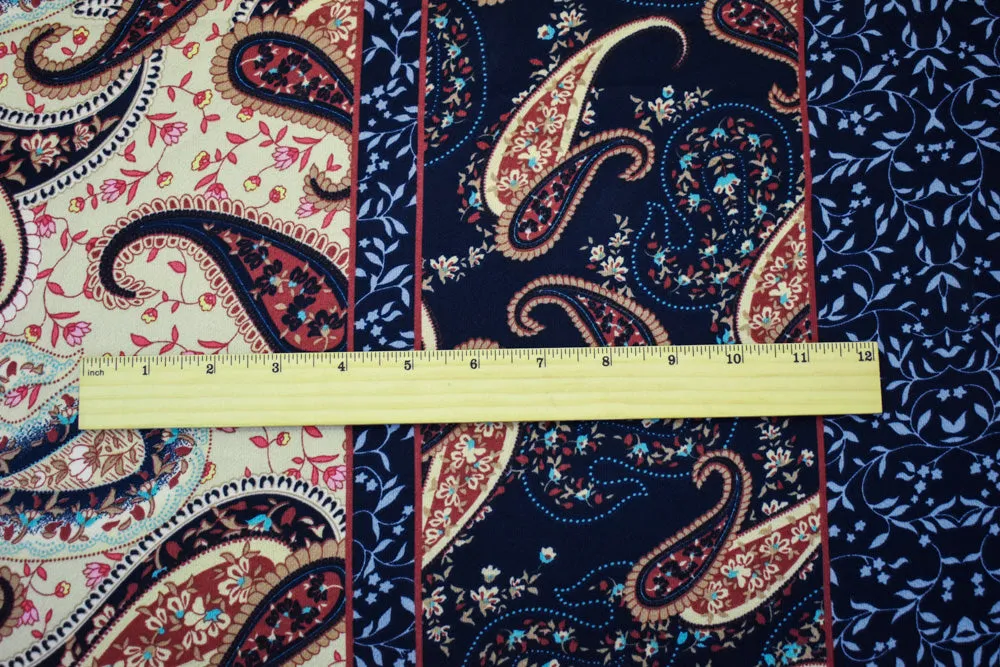 Navy Blue-Beige-Multi Poly Paisley Border Printed Pebble Crepe Woven Fabric