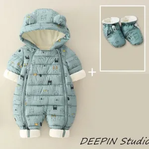 Newborn Baby Jumpsuit Hooded Plus Velvet