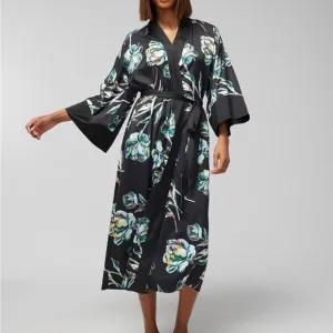 NWT Soma Satin Long Robe in impression floral black - S/M