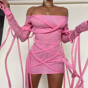 Off Shoulder Mesh Long Sleeve Bodycon Mini Dress