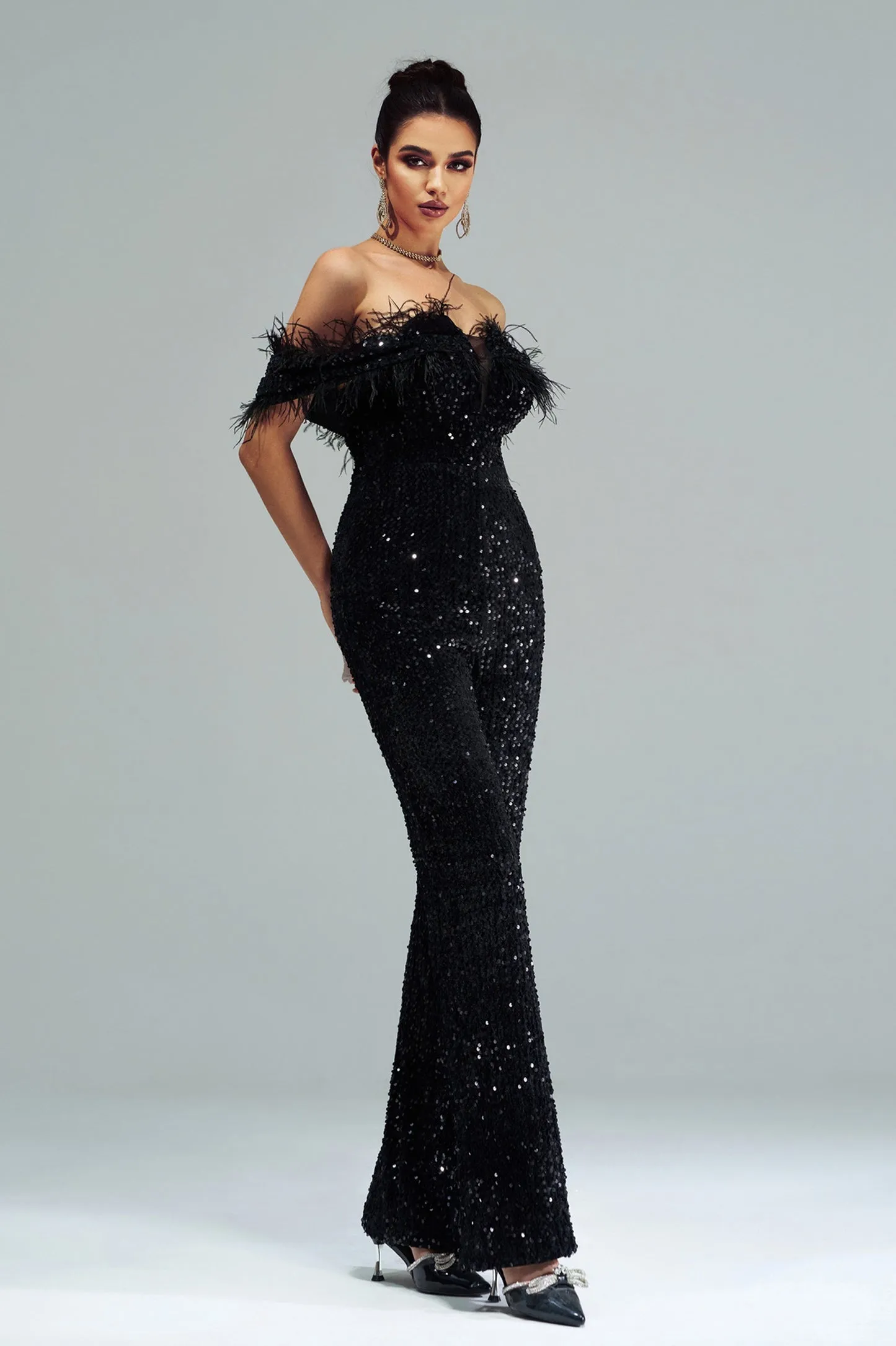 Off Shoulder Sleeveless Fur Sequin Jumpsuit