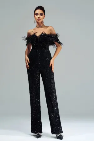 Off Shoulder Sleeveless Fur Sequin Jumpsuit