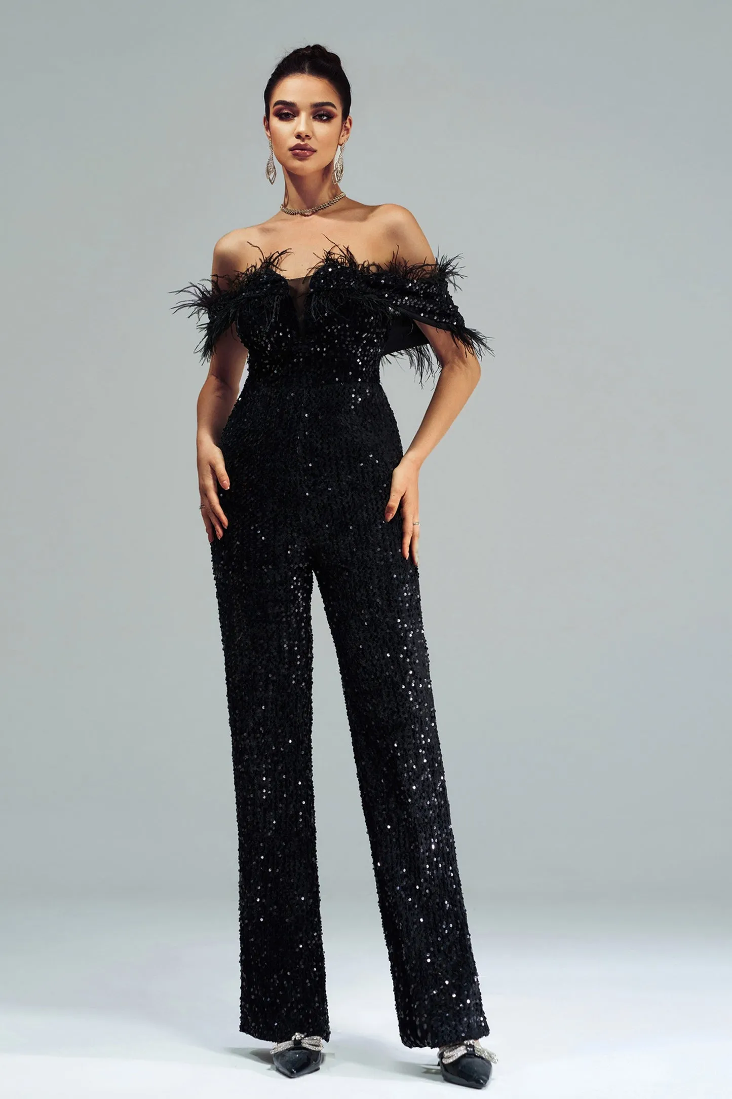 Off Shoulder Sleeveless Fur Sequin Jumpsuit