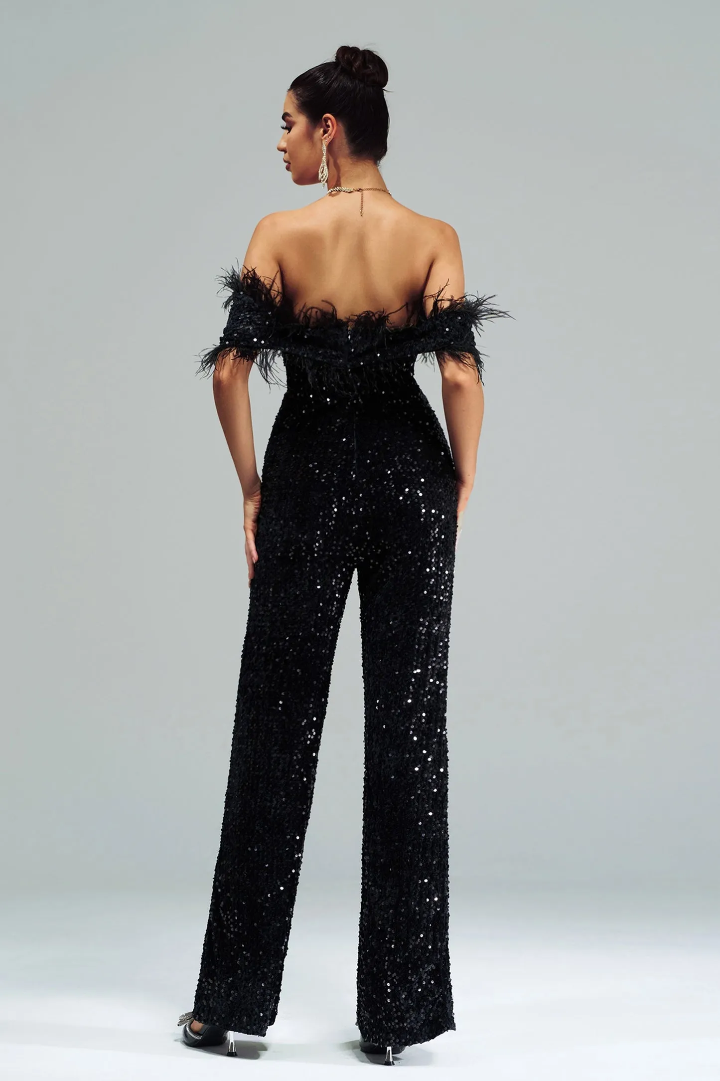 Off Shoulder Sleeveless Fur Sequin Jumpsuit