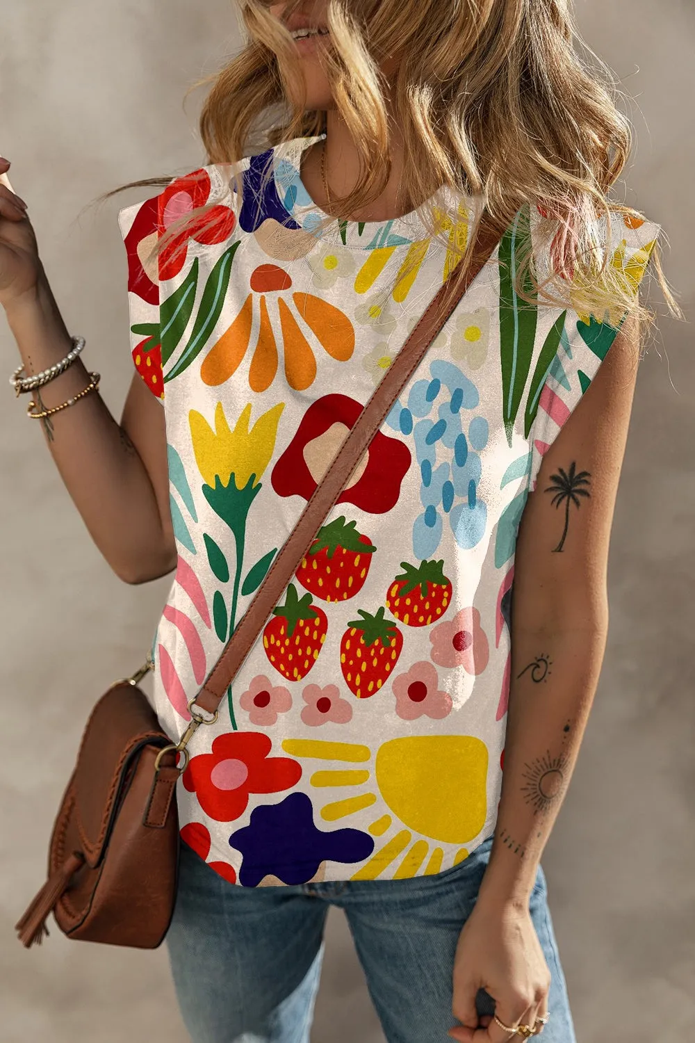 Oliva Printed Round Neck Cap Sleeve T-Shirt
