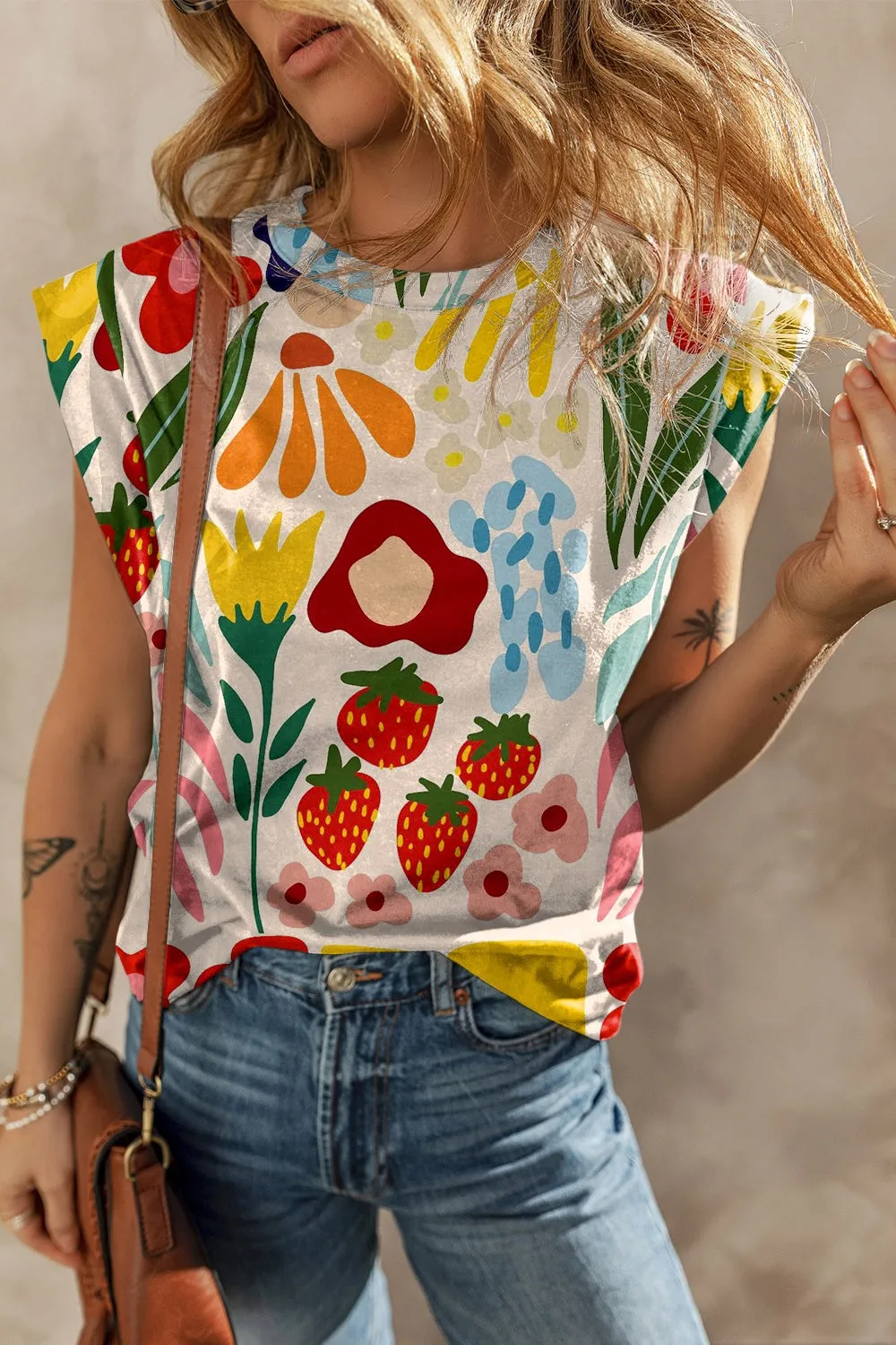Oliva Printed Round Neck Cap Sleeve T-Shirt