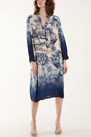 Ombre Landscape Print Midi Dress