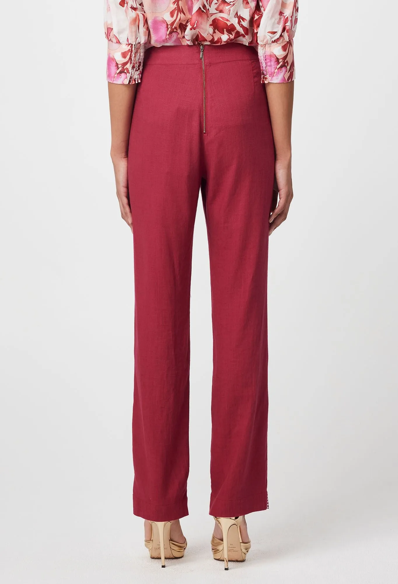 Once Was - Carlyle Embroidered Linen Viscose Pant - Crimson