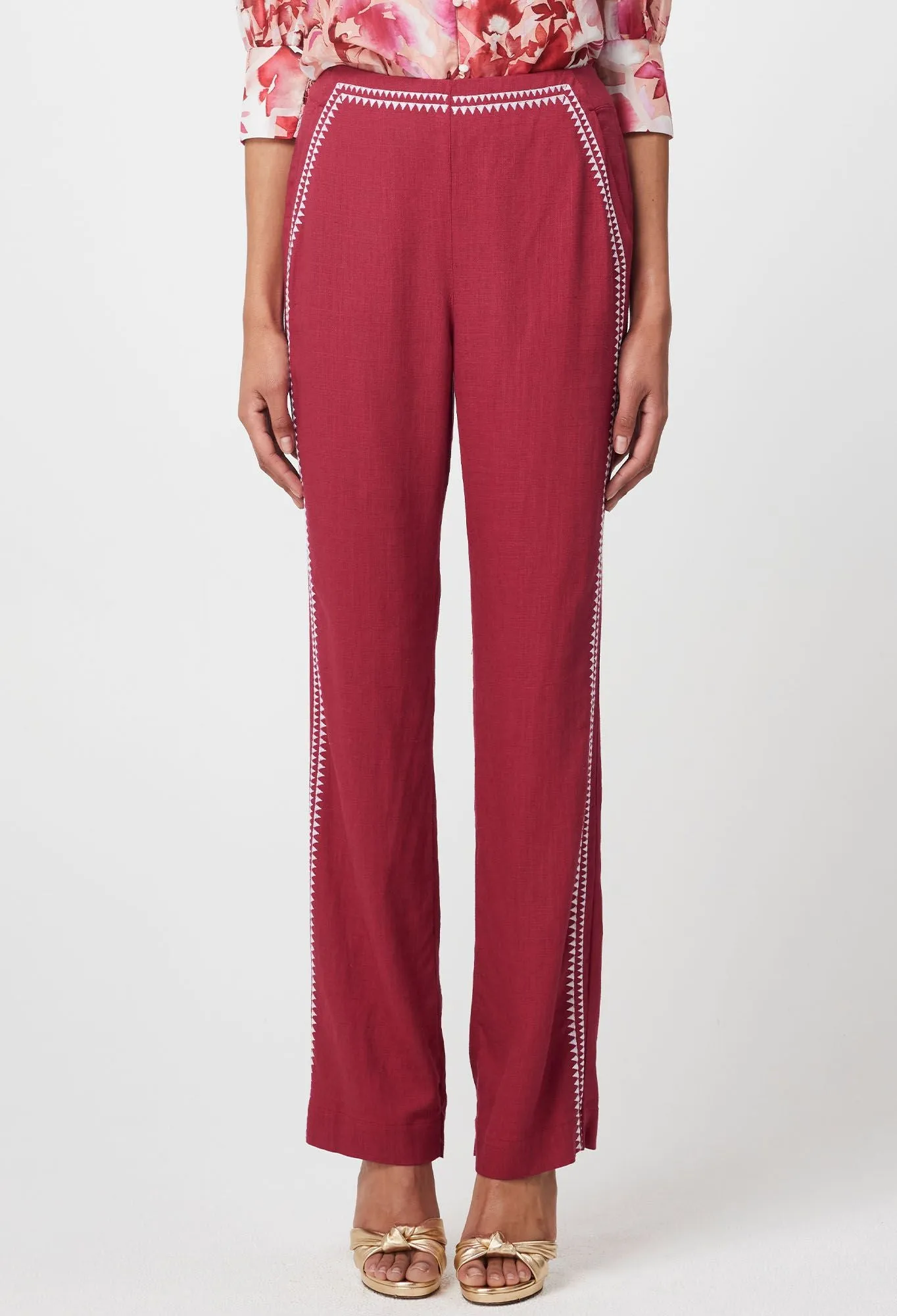 Once Was - Carlyle Embroidered Linen Viscose Pant - Crimson
