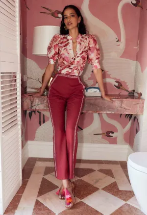 Once Was - Carlyle Embroidered Linen Viscose Pant - Crimson