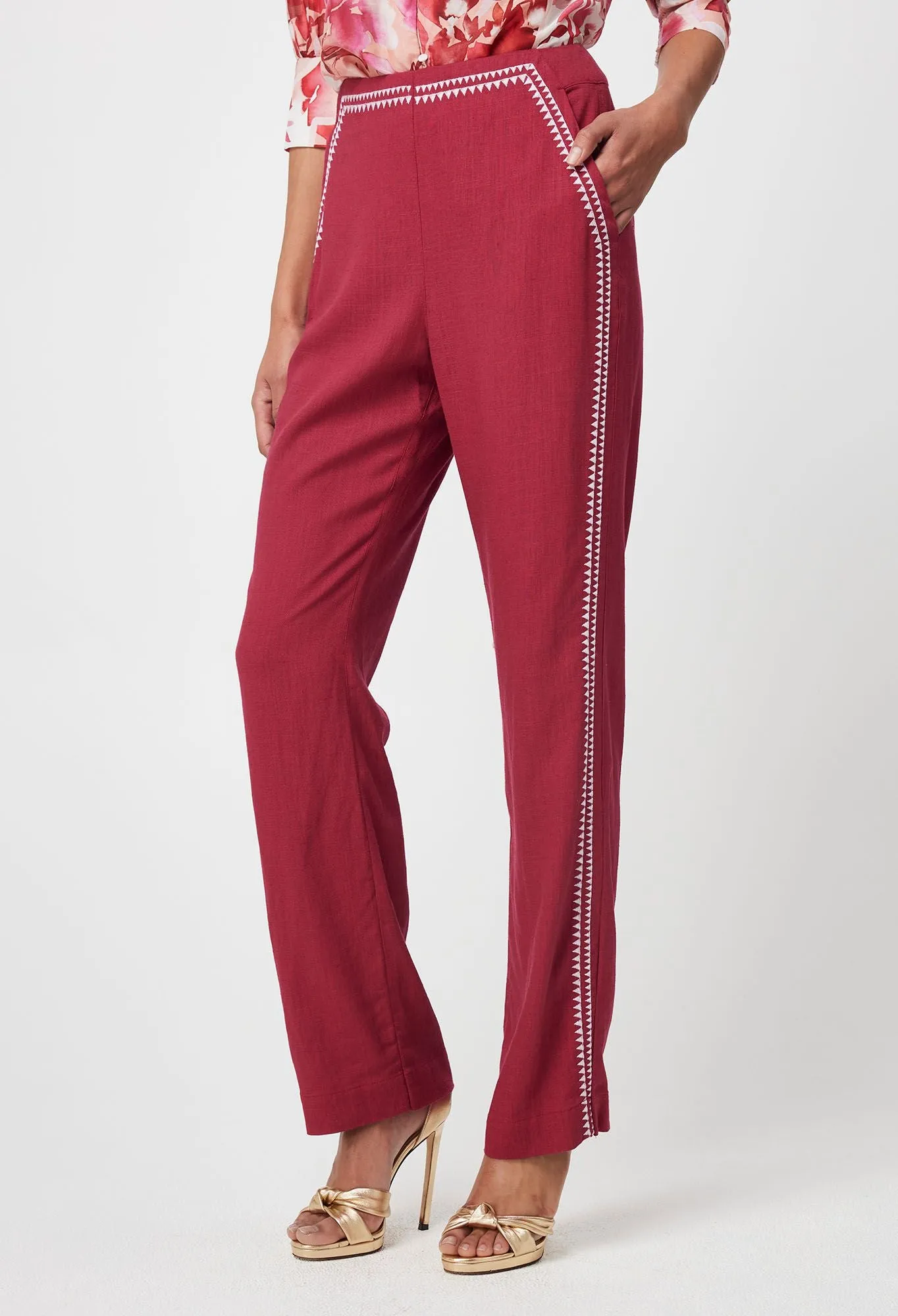 Once Was - Carlyle Embroidered Linen Viscose Pant - Crimson