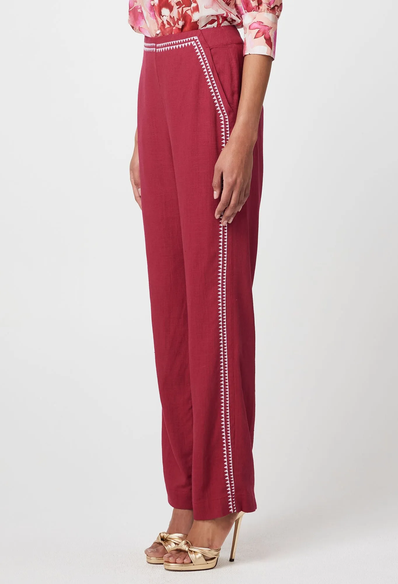Once Was - Carlyle Embroidered Linen Viscose Pant - Crimson