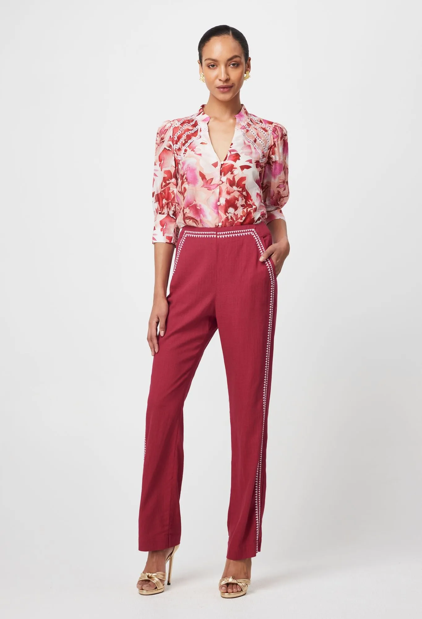 Once Was - Carlyle Embroidered Linen Viscose Pant - Crimson