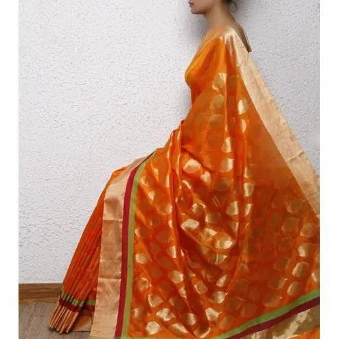Orange Silk Chanderi Saree with Zari Work