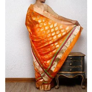 Orange Silk Chanderi Saree with Zari Work