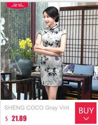 Oriental Style Qipao Dress Black Flower Print Flax