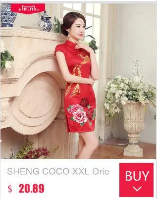 Oriental Style Qipao Dress Black Flower Print Flax