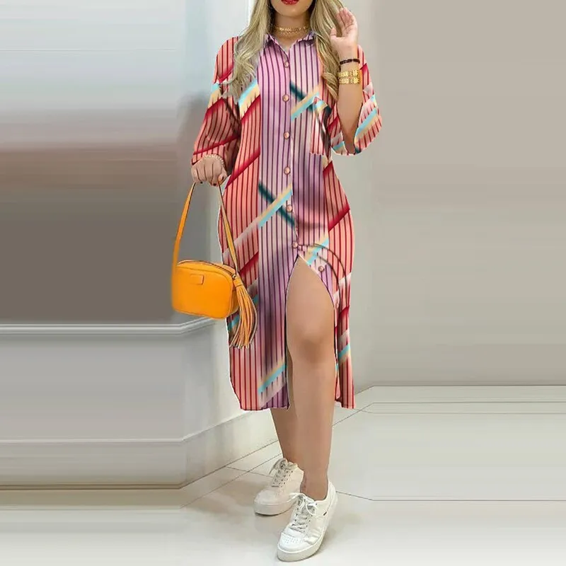 Patchwork Button Shirt Dress Summer Fashion Vintage 3/4 Sleeve Dress